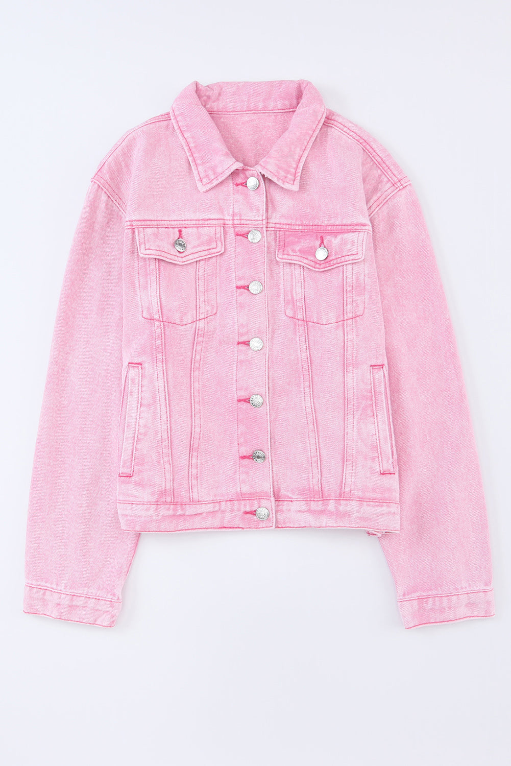 Pink Light Wash Flap Pockets Button Up Denim Jacket