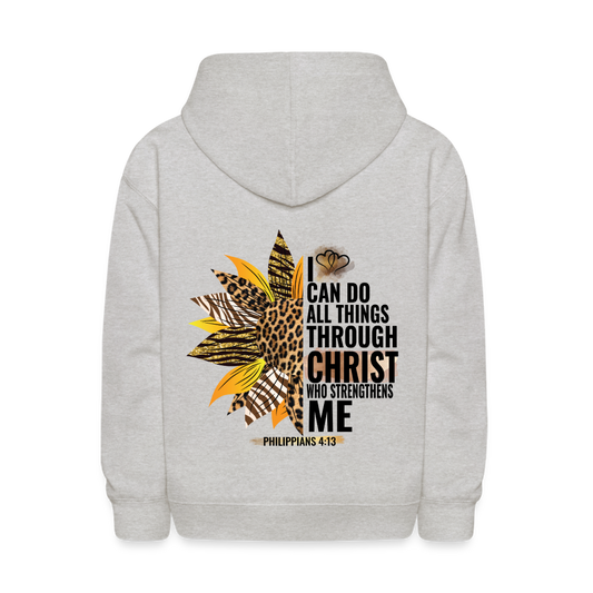 I Can Do All Things Through Christ Sunflower Kids Pullover Hoodie Print - heather gray