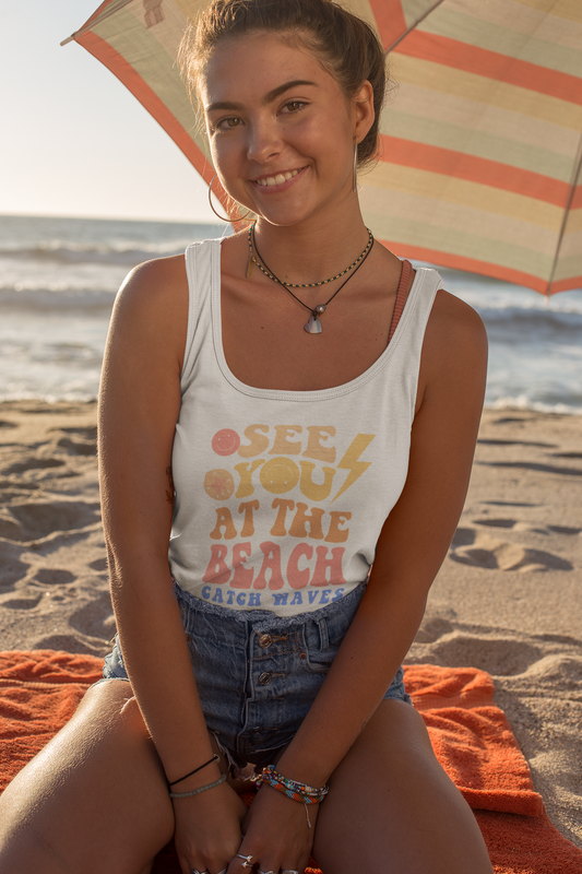 See You At The Beach Catch Waves Women’s Softstyle Tank Top Design Print