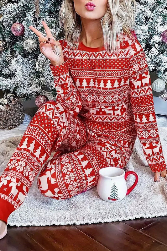 Red Christmas Tree Reindeer Pullover & Pants Loungewear Set