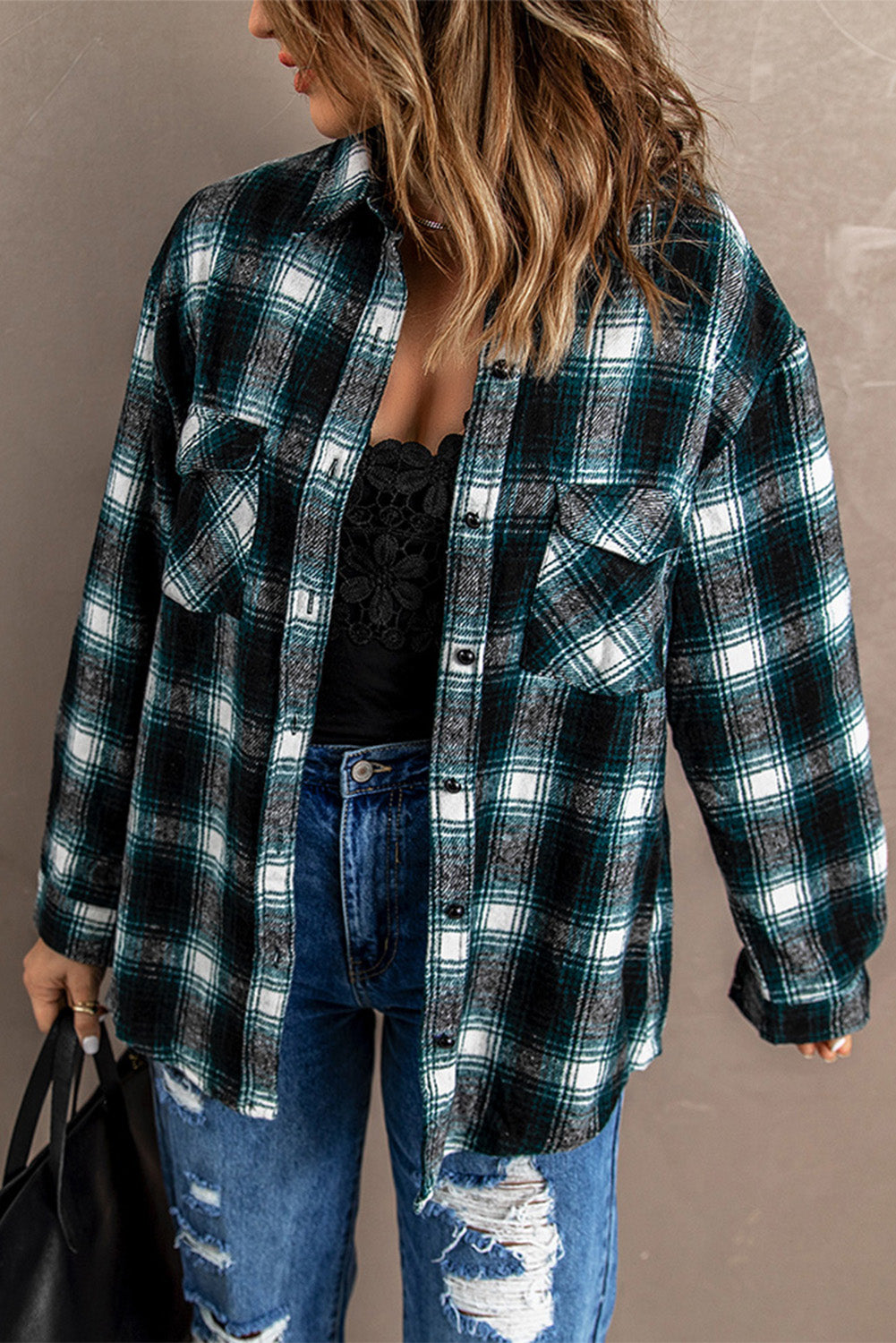 Black Button Up Collared Plaid Shacket