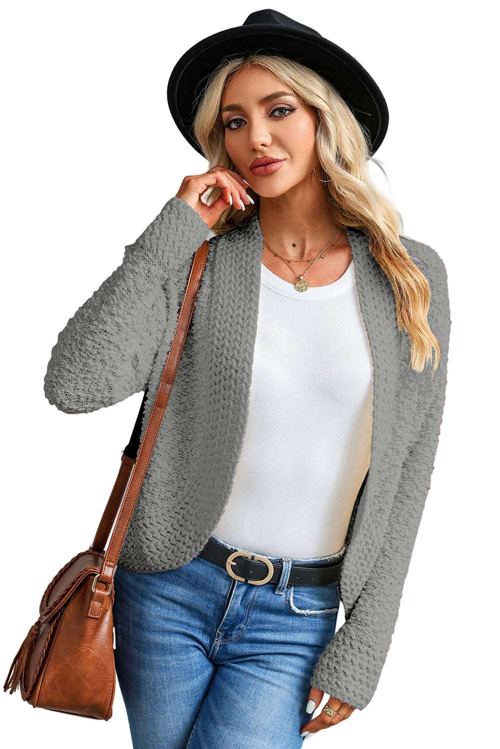 Apricot Popcorn Knit Open Front Cardigan