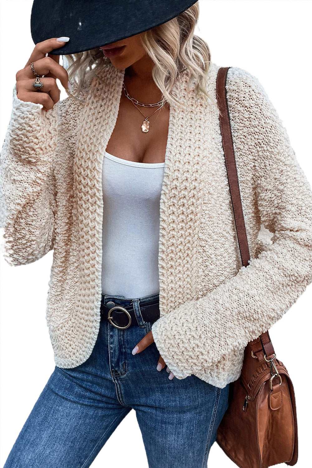 Apricot Popcorn Knit Open Front Cardigan