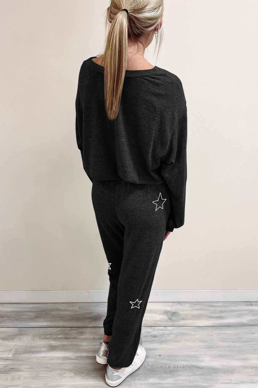 Gray Stars Print Long Sleeve Top and Drawstring Pants Set