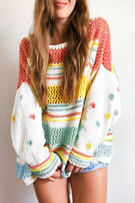 Multicolor Knitted Pullover Long Sleeve Cute Sweater