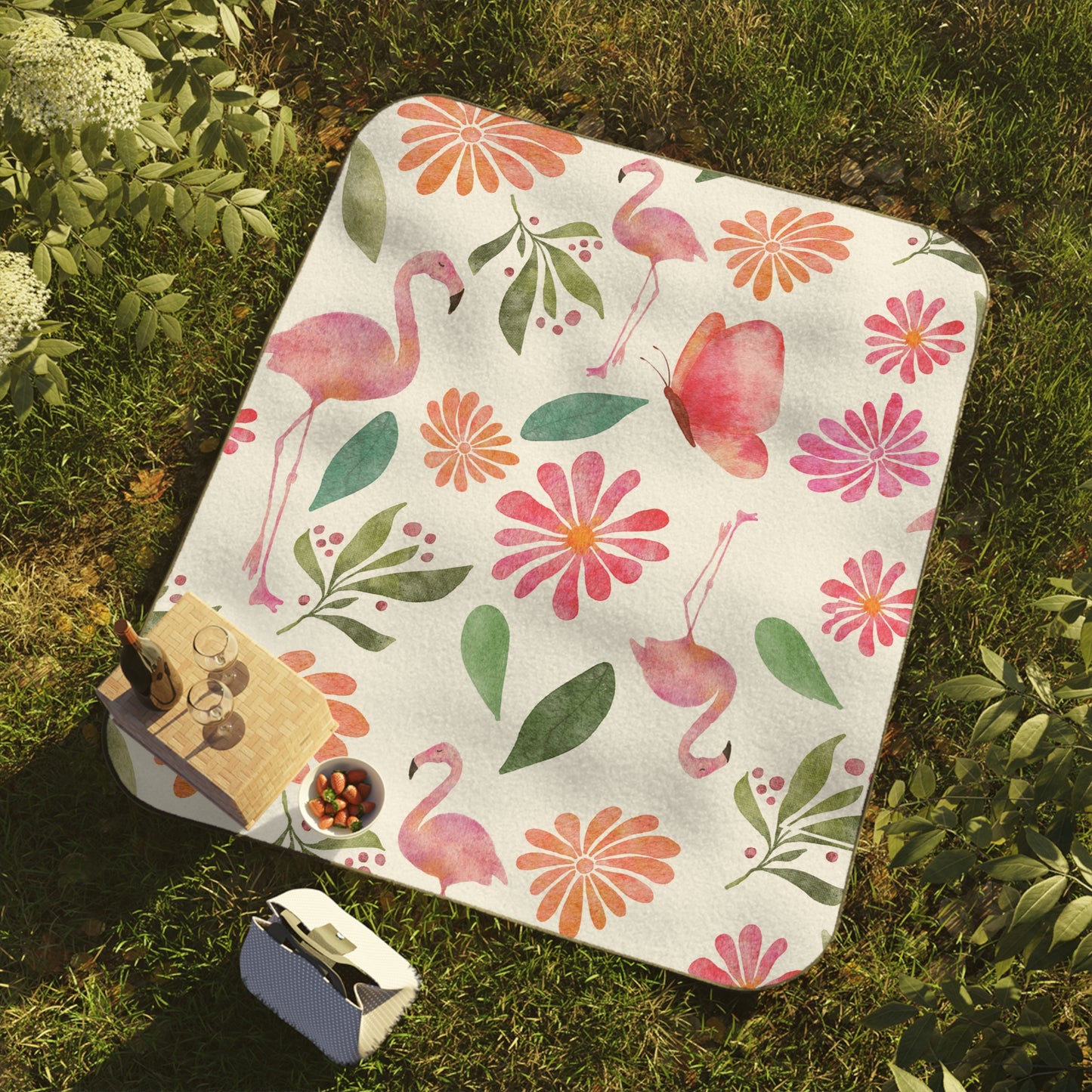 Flamingoes Flowers and Butterflies Picnic Blanket