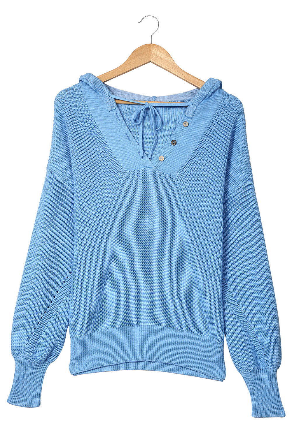 Light Blue V Neck Henley Drawstring Hooded Sweater
