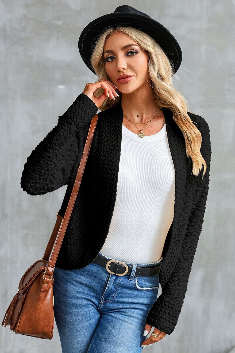 Apricot Popcorn Knit Open Front Cardigan