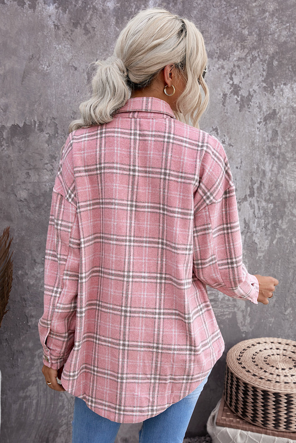 Pink, Black, or Khaki Plaid Casual Button Up Flannel Shirt with Slits