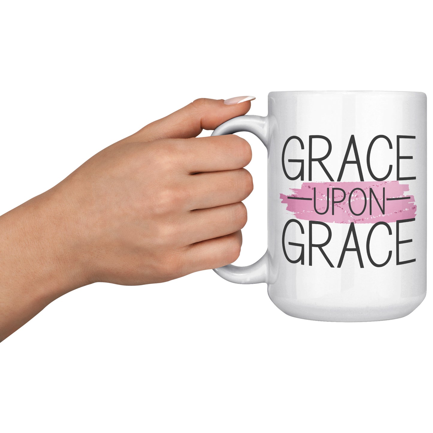 Grace Upon Grace 15 oz Ceramic Pink Accent White Mug