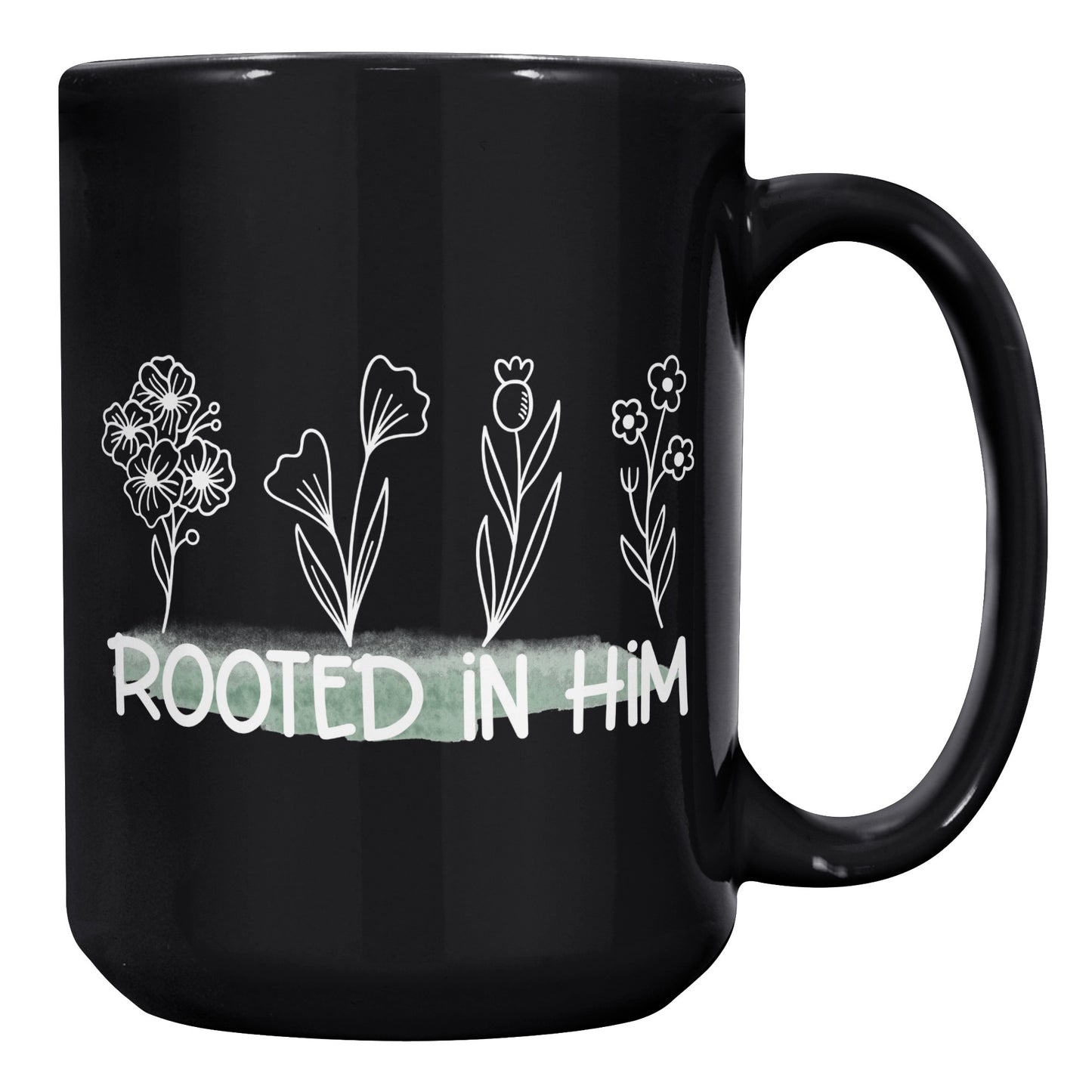 Rooted in Him 15 oz Black Ceramic Mug