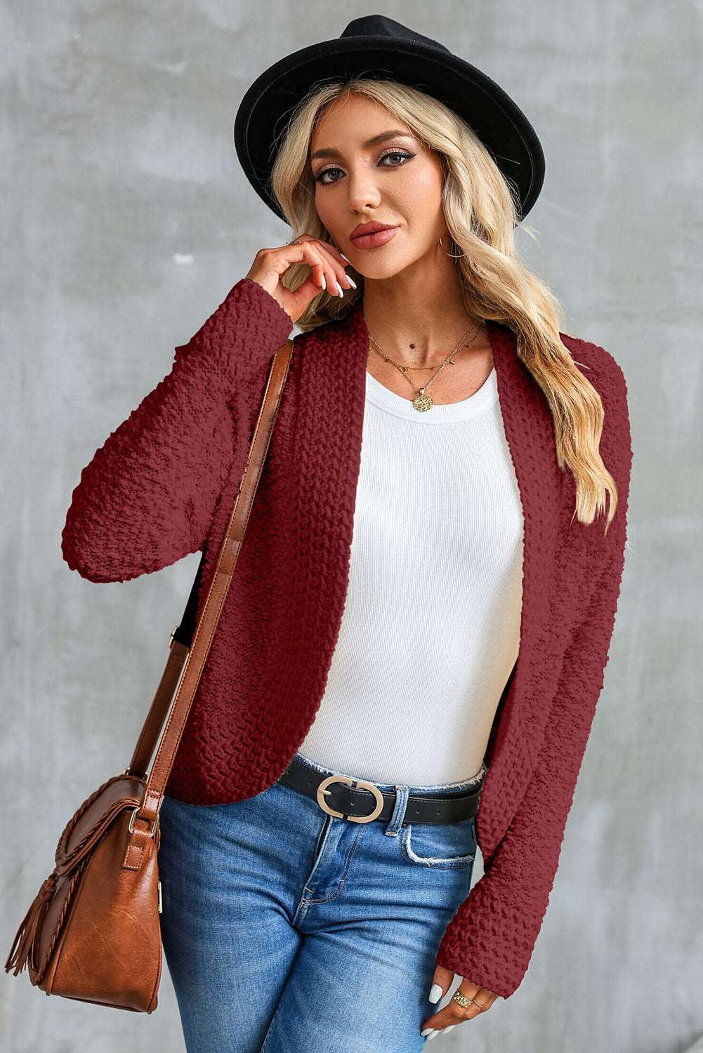 Apricot Popcorn Knit Open Front Cardigan