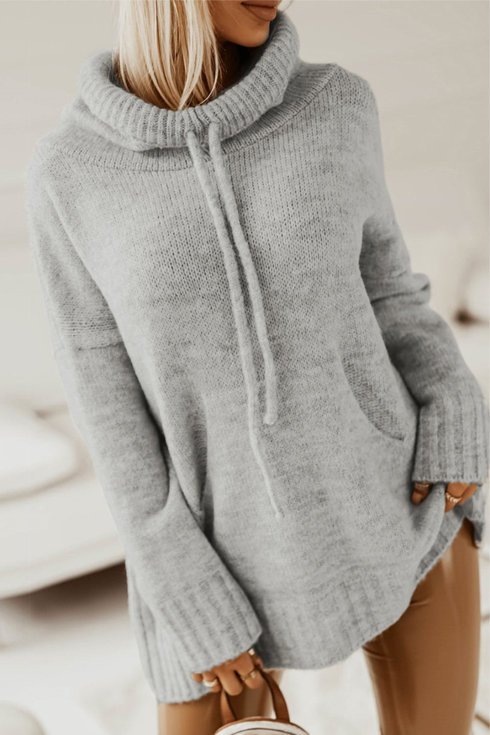 Gray Cowl Neck Drawstring Hooded Pullover Sweater