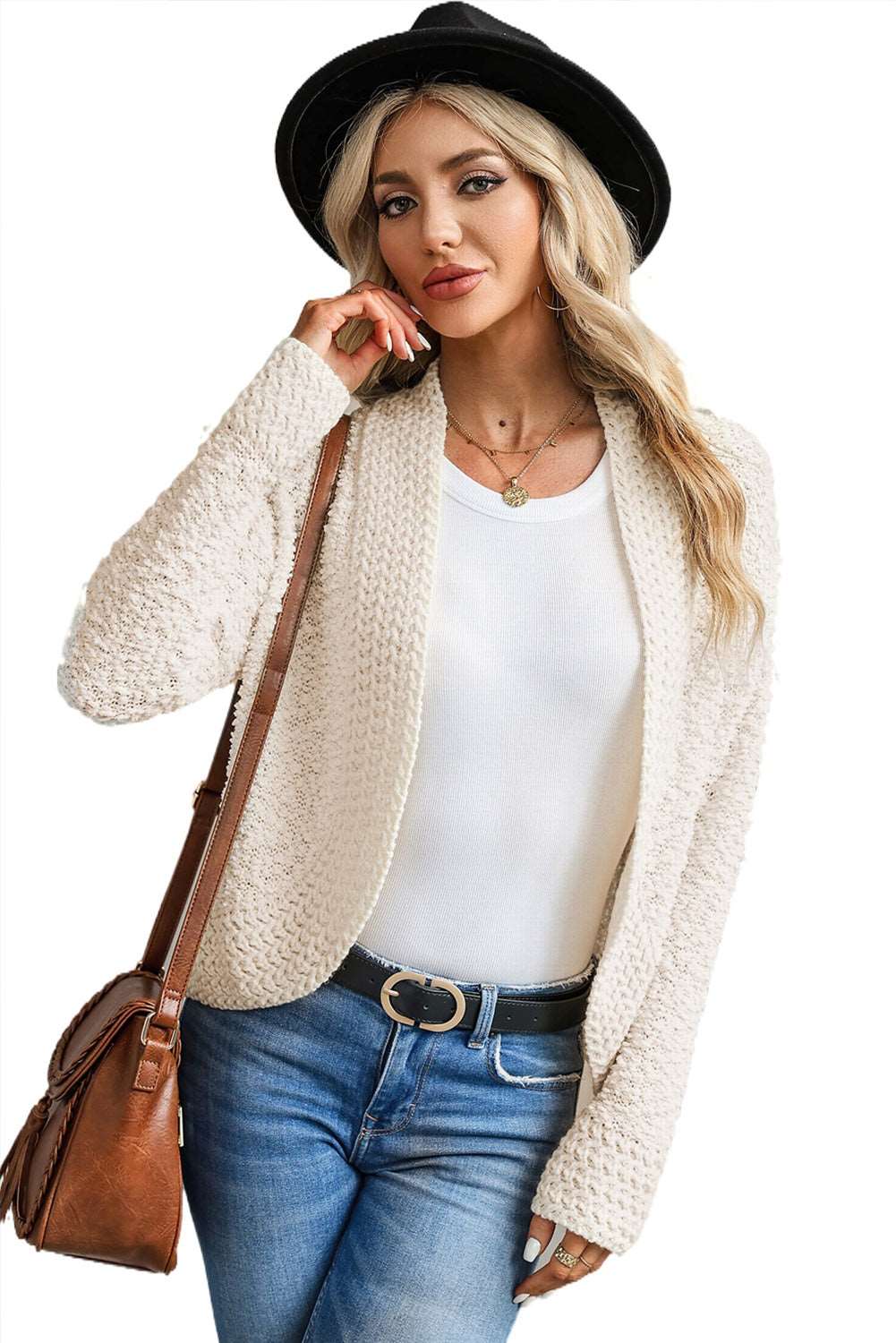 Apricot Popcorn Knit Open Front Cardigan