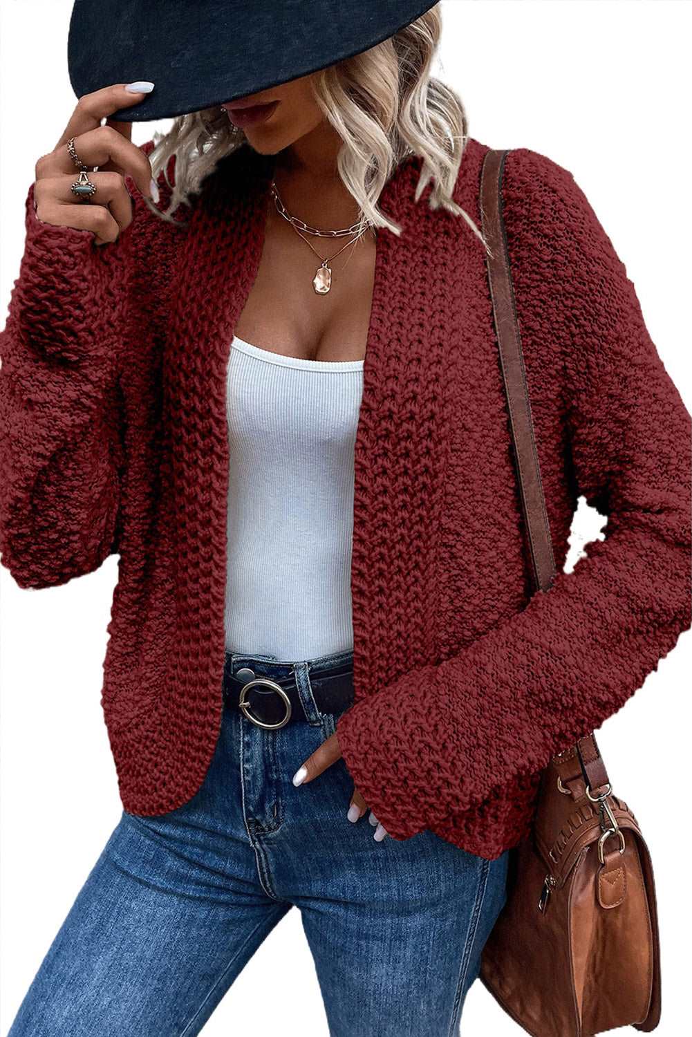 Apricot Popcorn Knit Open Front Cardigan