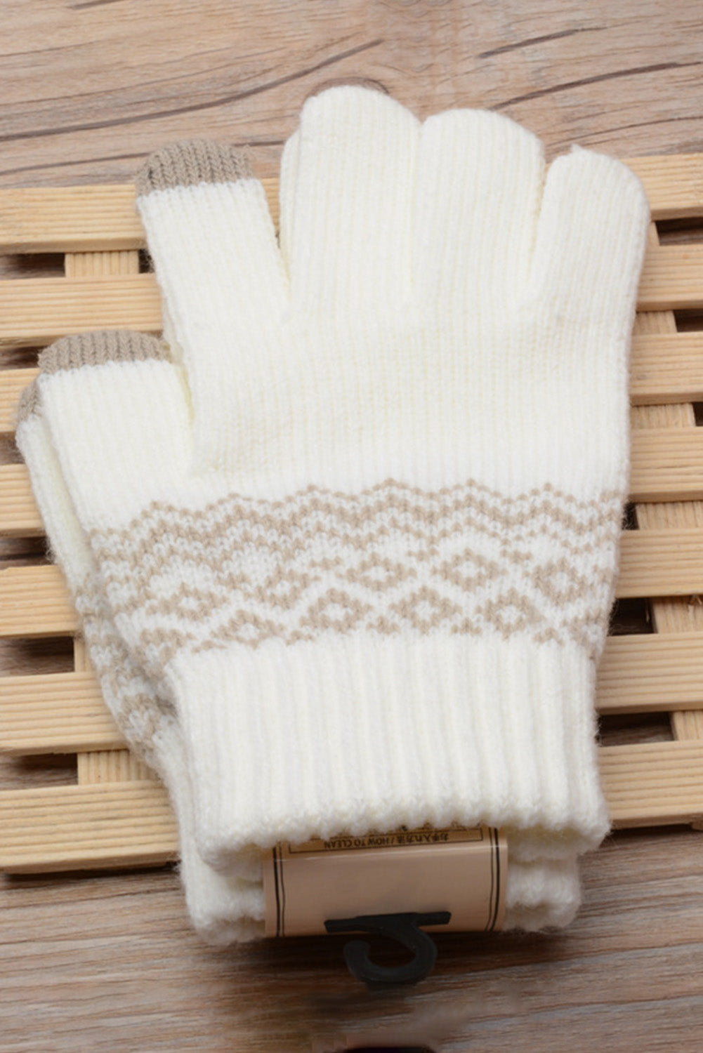 White Geometric Pattern Detail Touch Screen Gloves