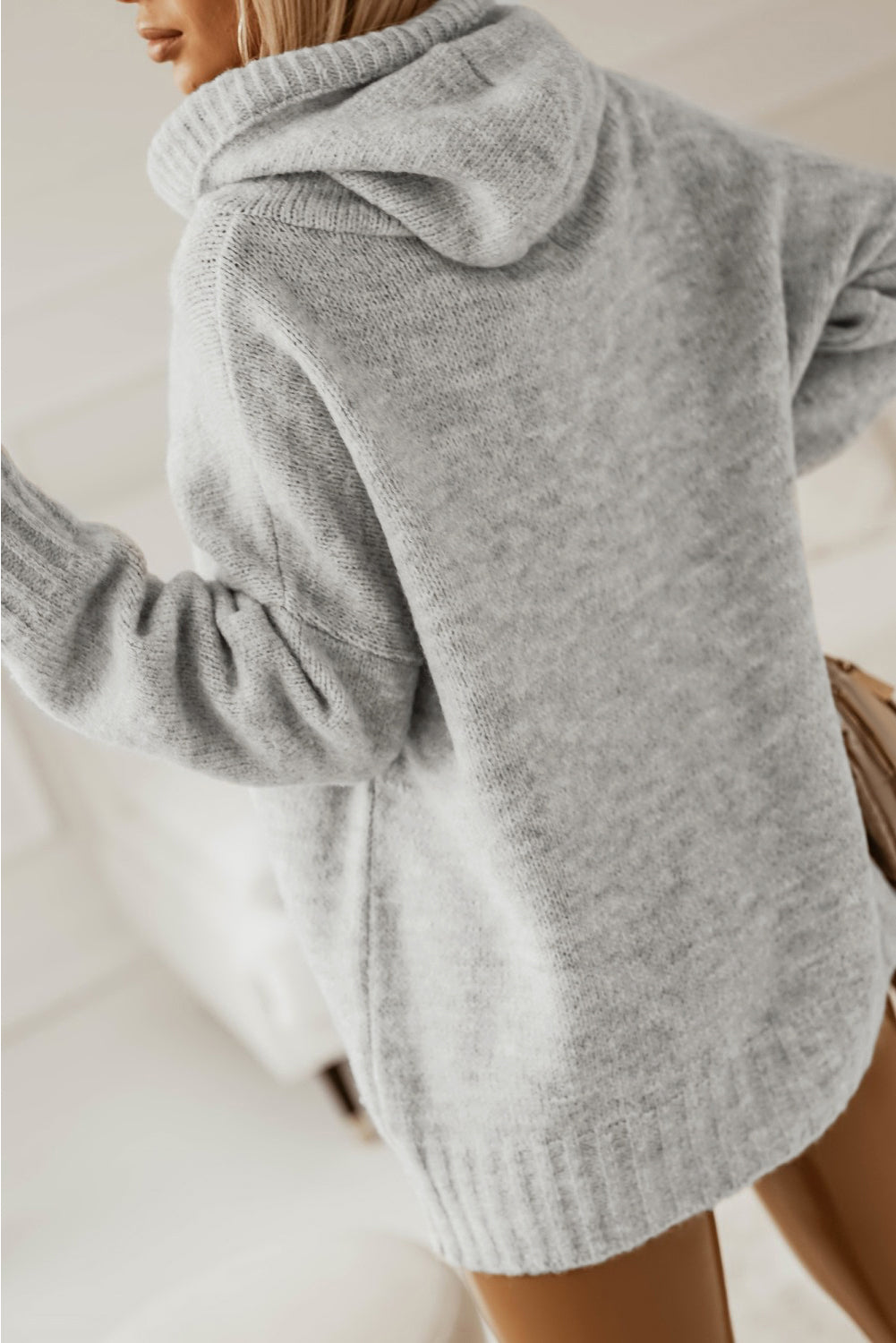 Gray Cowl Neck Drawstring Hooded Pullover Sweater