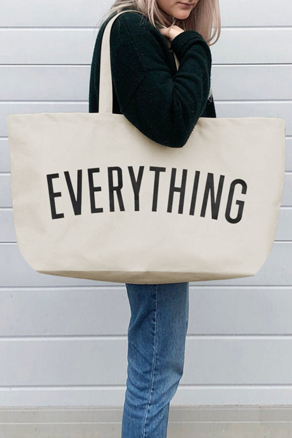 White letter EVERYTHING Design Print Large Canvas Tote Bag