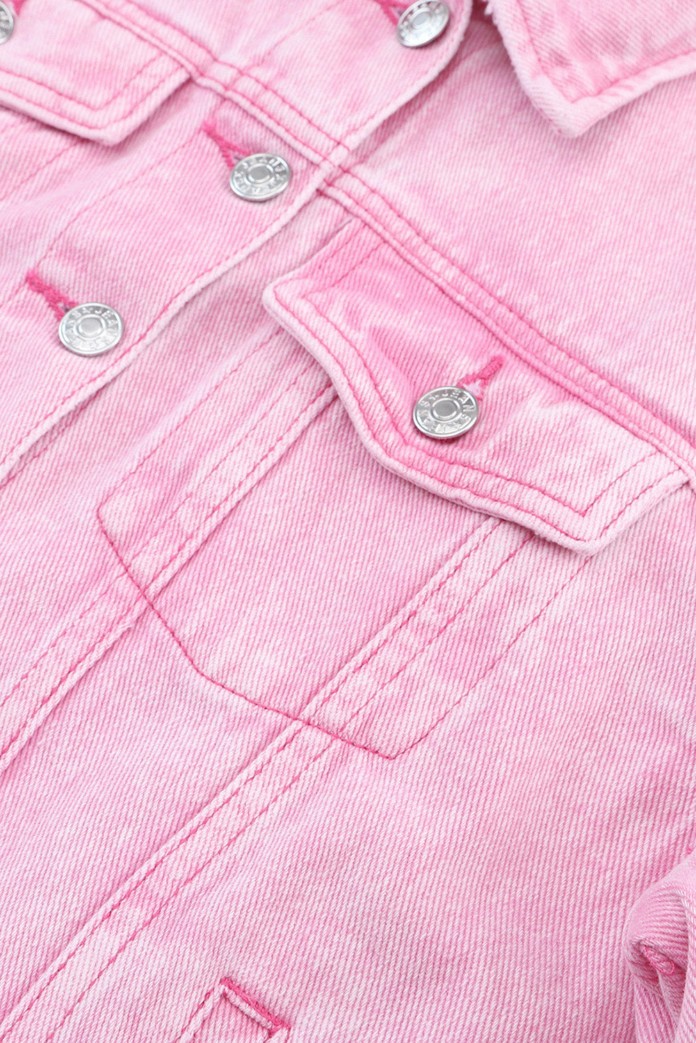Pink Light Wash Flap Pockets Button Up Denim Jacket
