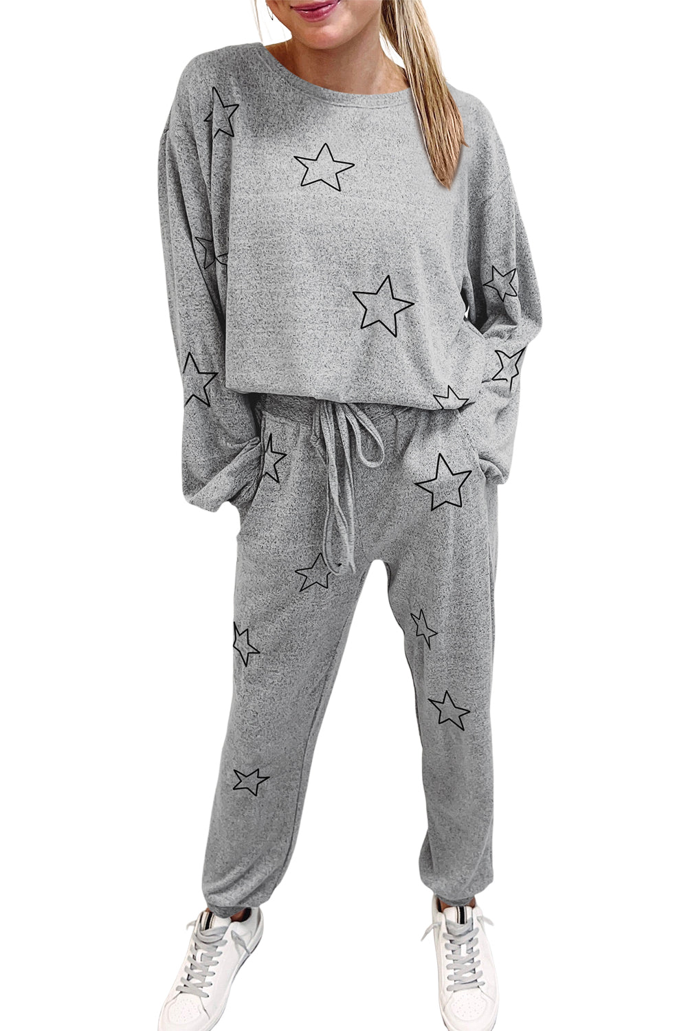Gray Stars Print Long Sleeve Top and Drawstring Pants Set