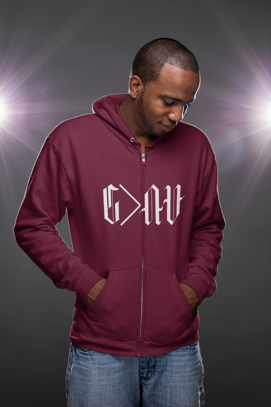 God is Greater Than Our Highs and Lows Unisex Premium Full Zip Hoodie Ancient Script Design