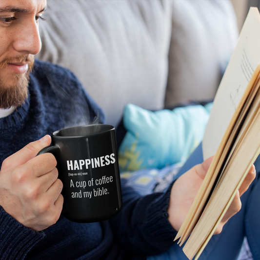 Happiness is Coffee and My Bible 15 oz Black Ceramic Mug