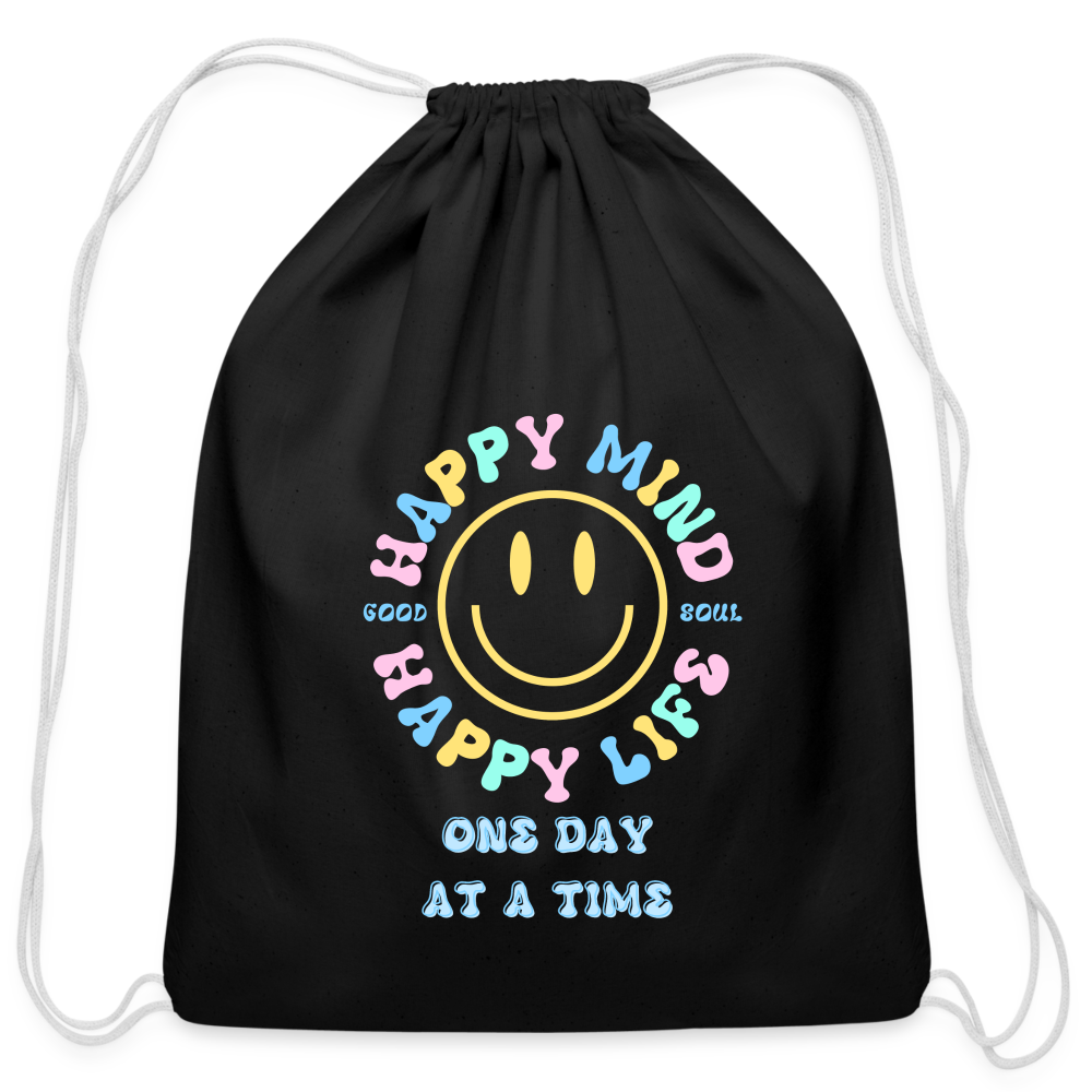 Happy Mind Happy Life Cotton Drawstring Bag - black