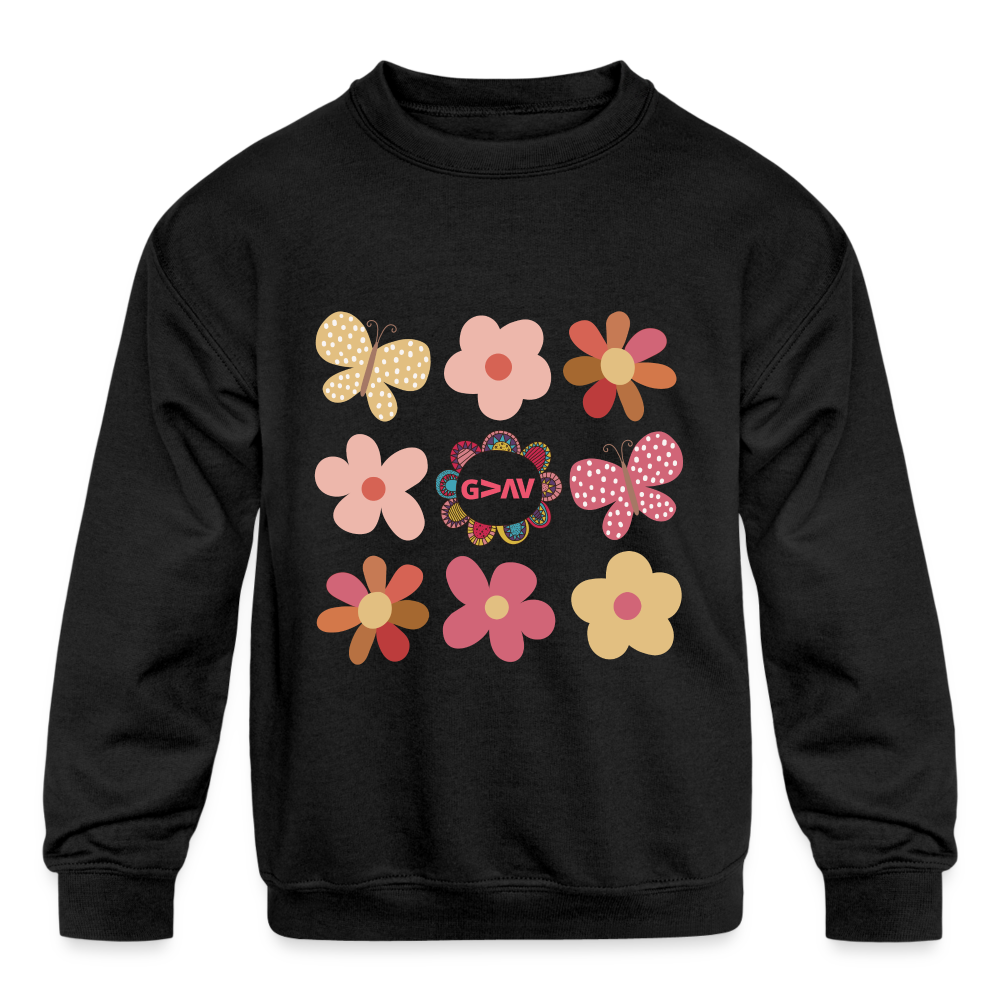 God is Greater Than Our Highs and Lows Boho Flower Design Kids Crewneck Sweatshirt - black