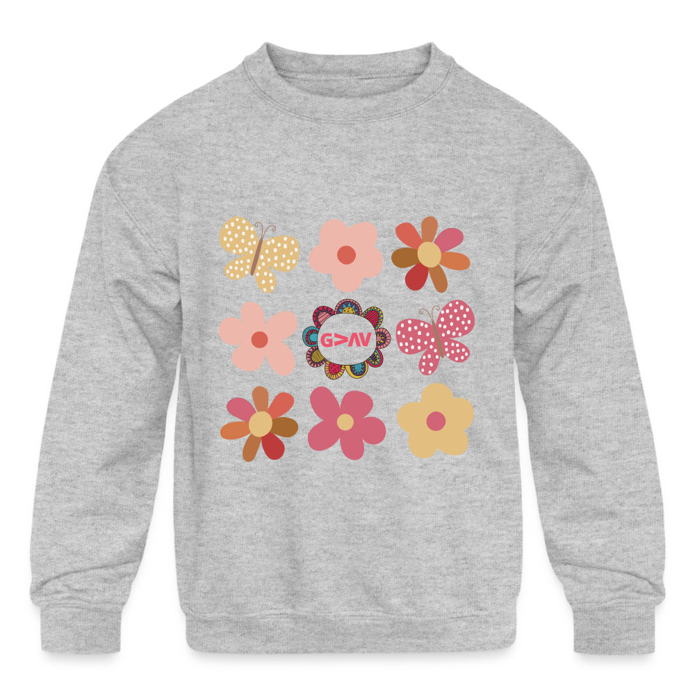 God is Greater Than Our Highs and Lows Boho Flower Design Kids Crewneck Sweatshirt - heather gray