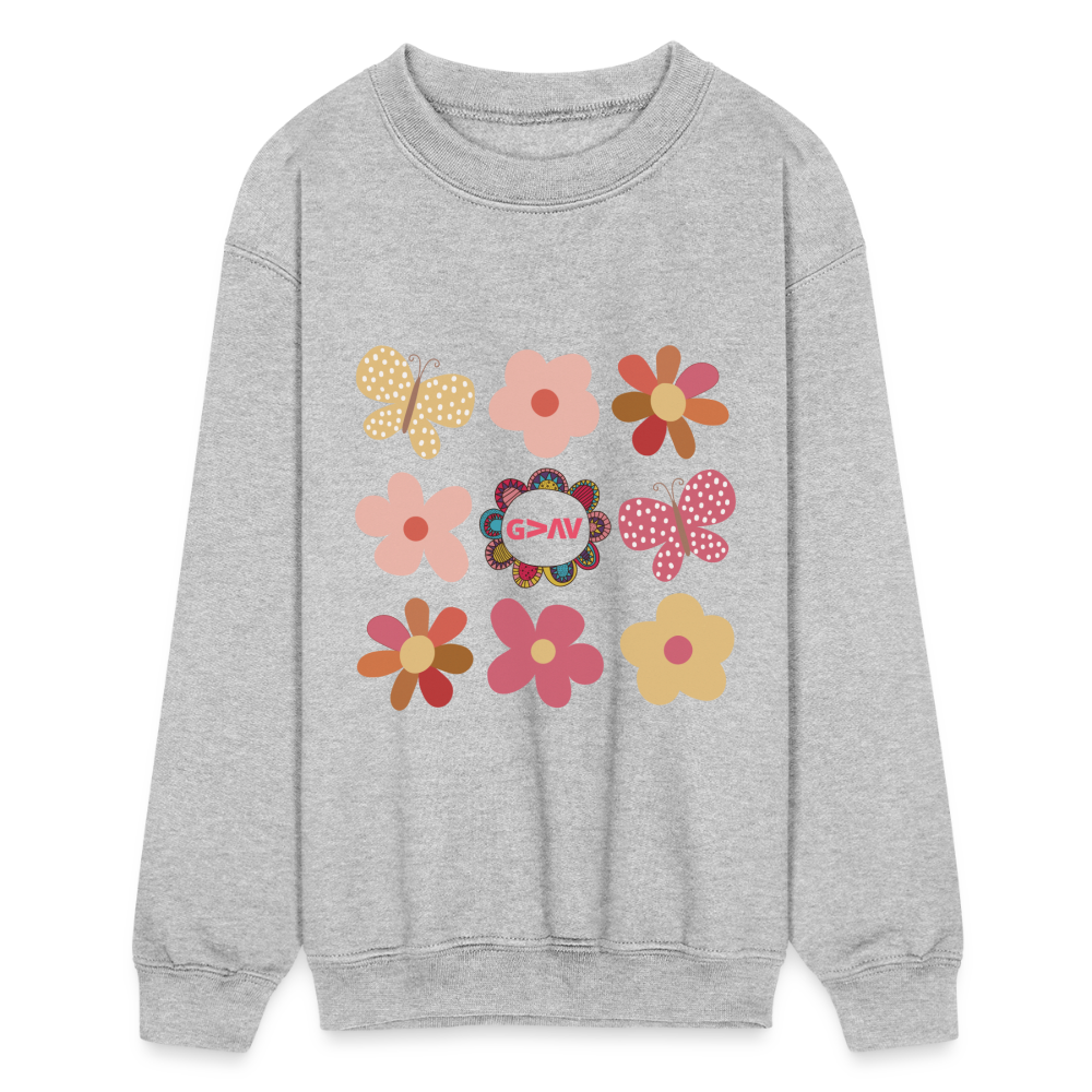 God is Greater Than Our Highs and Lows Boho Flower Design Kids Crewneck Sweatshirt - heather gray