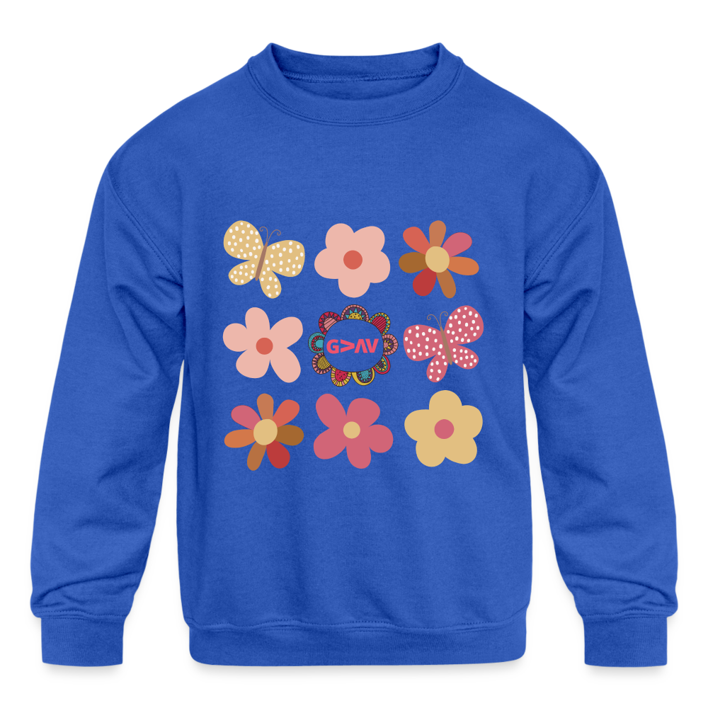 God is Greater Than Our Highs and Lows Boho Flower Design Kids Crewneck Sweatshirt - royal blue