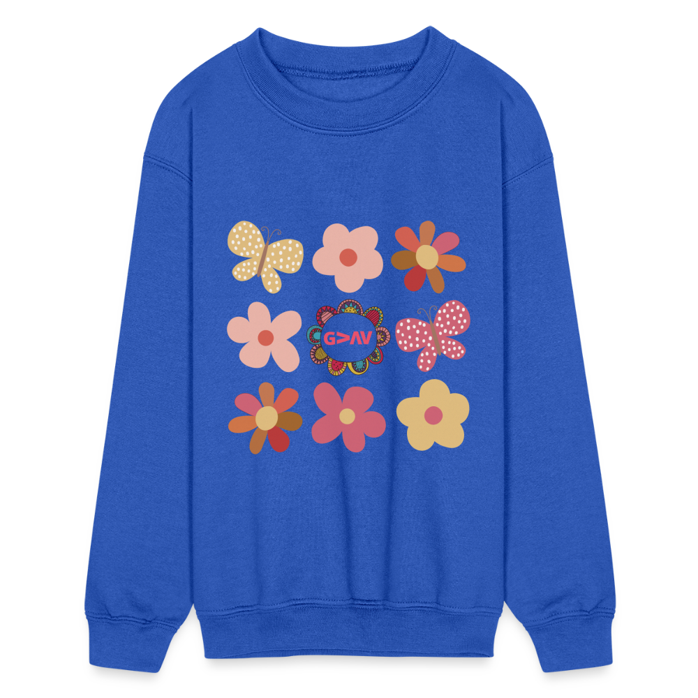God is Greater Than Our Highs and Lows Boho Flower Design Kids Crewneck Sweatshirt - royal blue