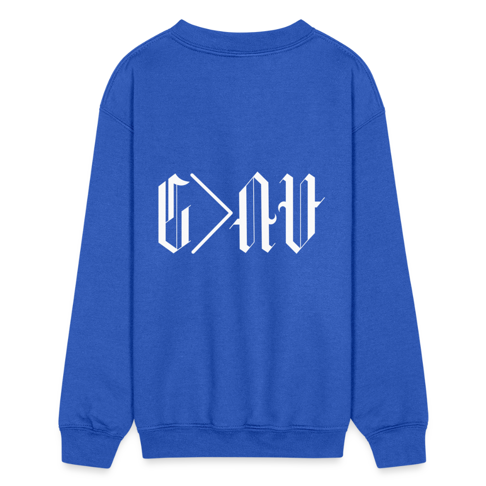 God is Greater Ancient Script Kids Crewneck Sweatshirt - royal blue