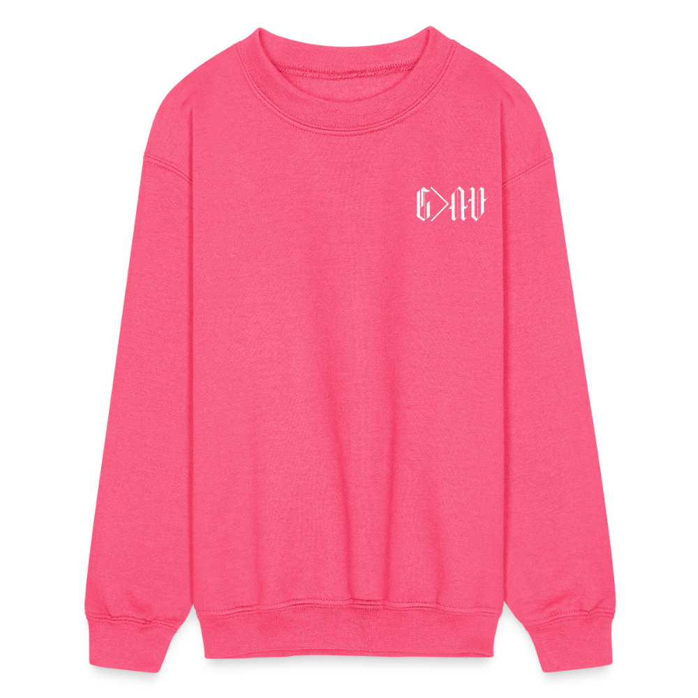 God is Greater Ancient Script Kids Crewneck Sweatshirt - neon pink