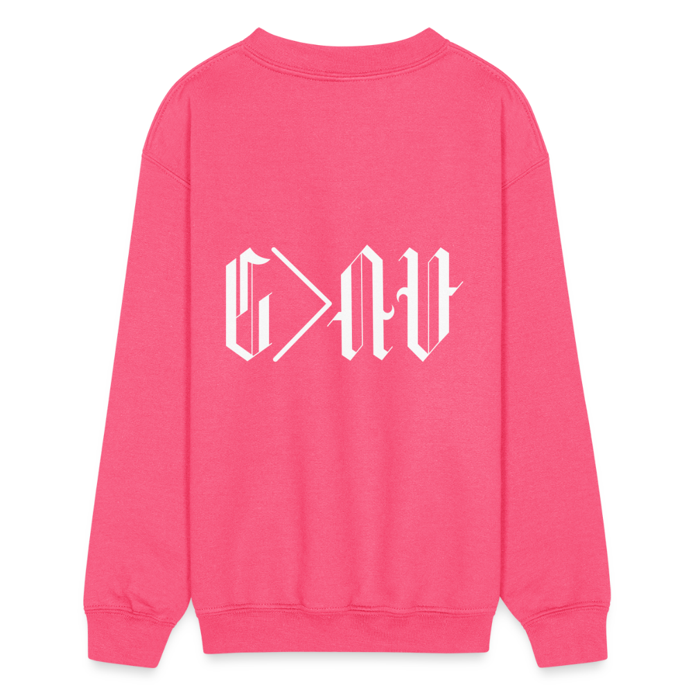 God is Greater Ancient Script Kids Crewneck Sweatshirt - neon pink