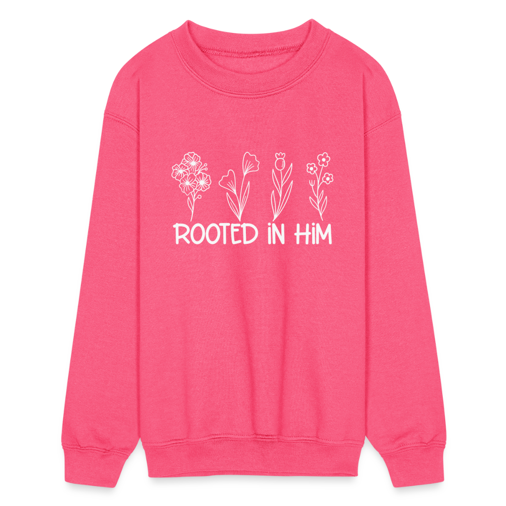Rooted In Him Kids Crewneck Sweatshirt - neon pink