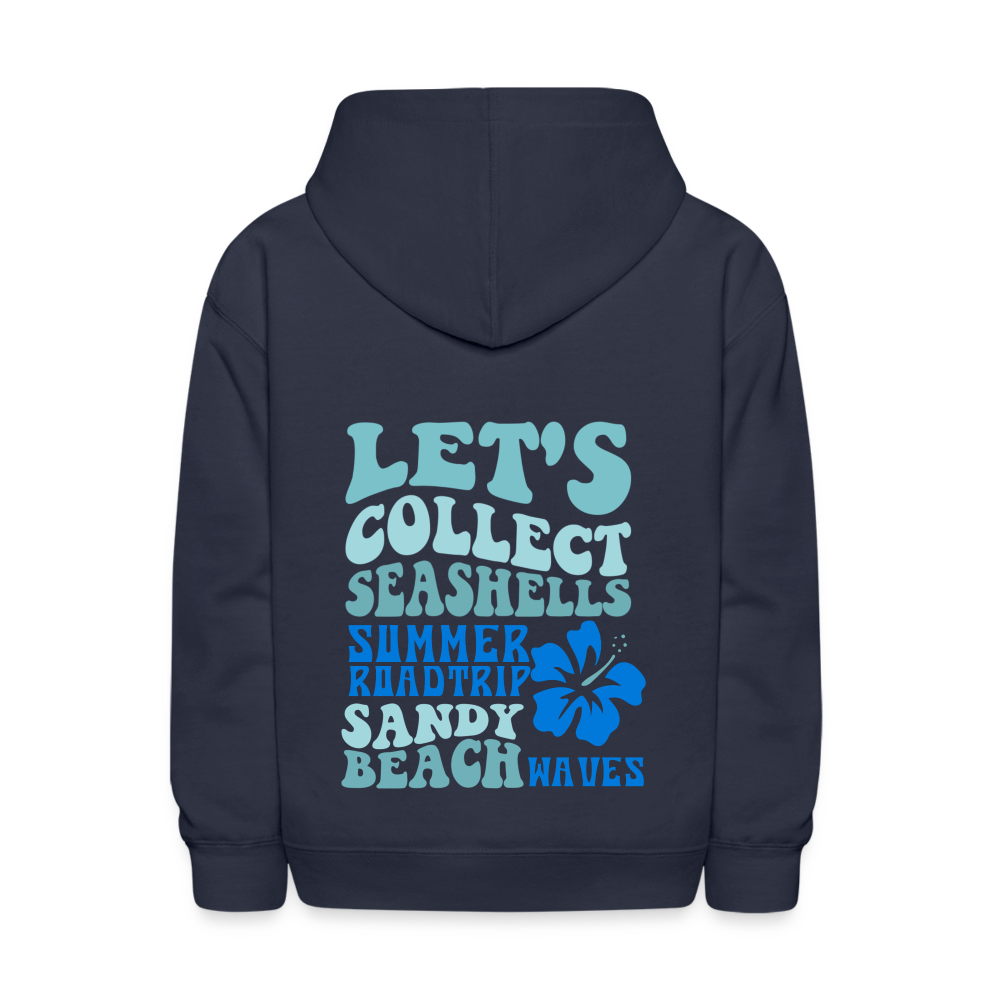 Let's Collect Seashells Sandy Beach Waves Kids Pullover Hoodie - navy