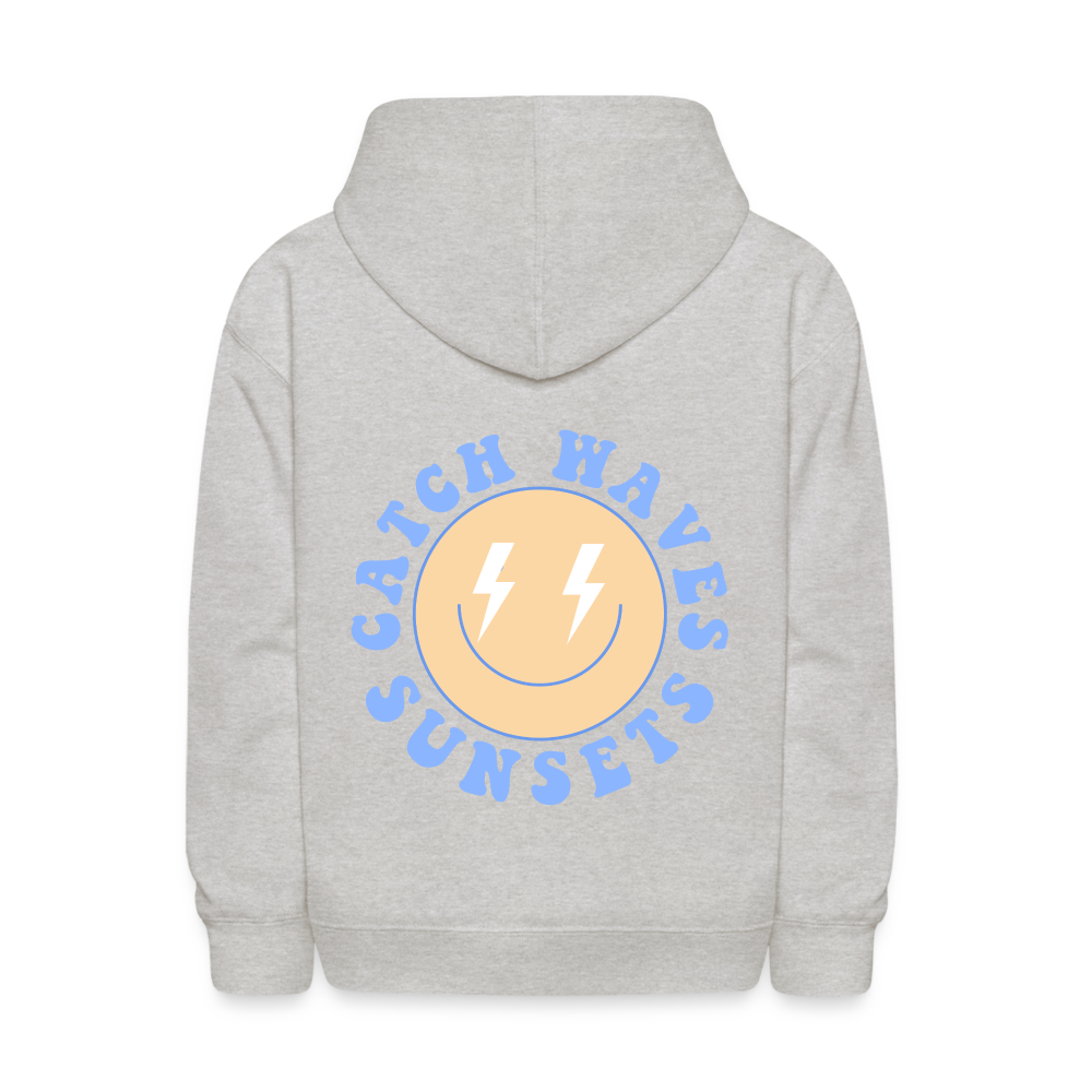 Sunsets Catch Waves Kids Pullover Hoodie Print - heather gray