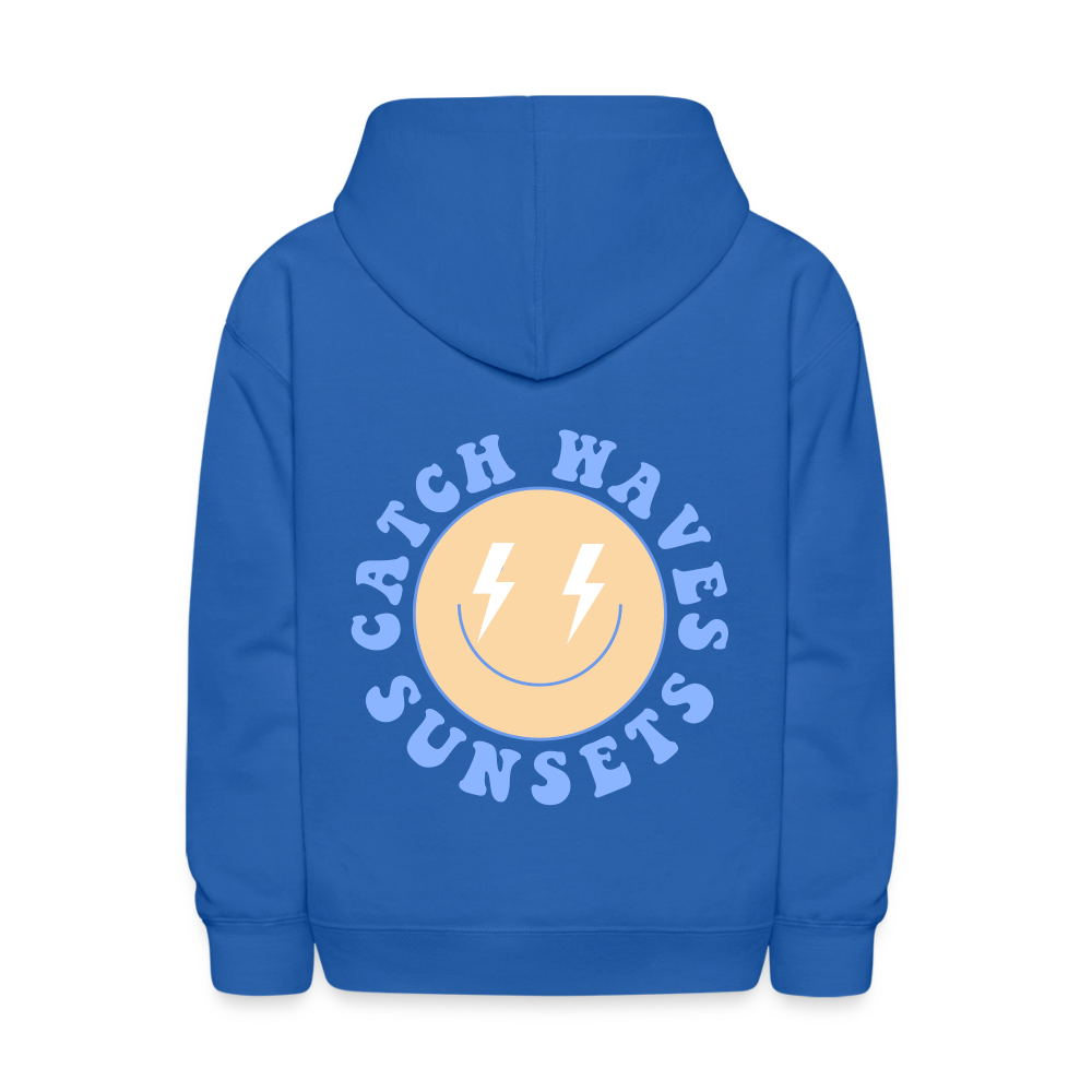 Sunsets Catch Waves Kids Pullover Hoodie Print - royal blue