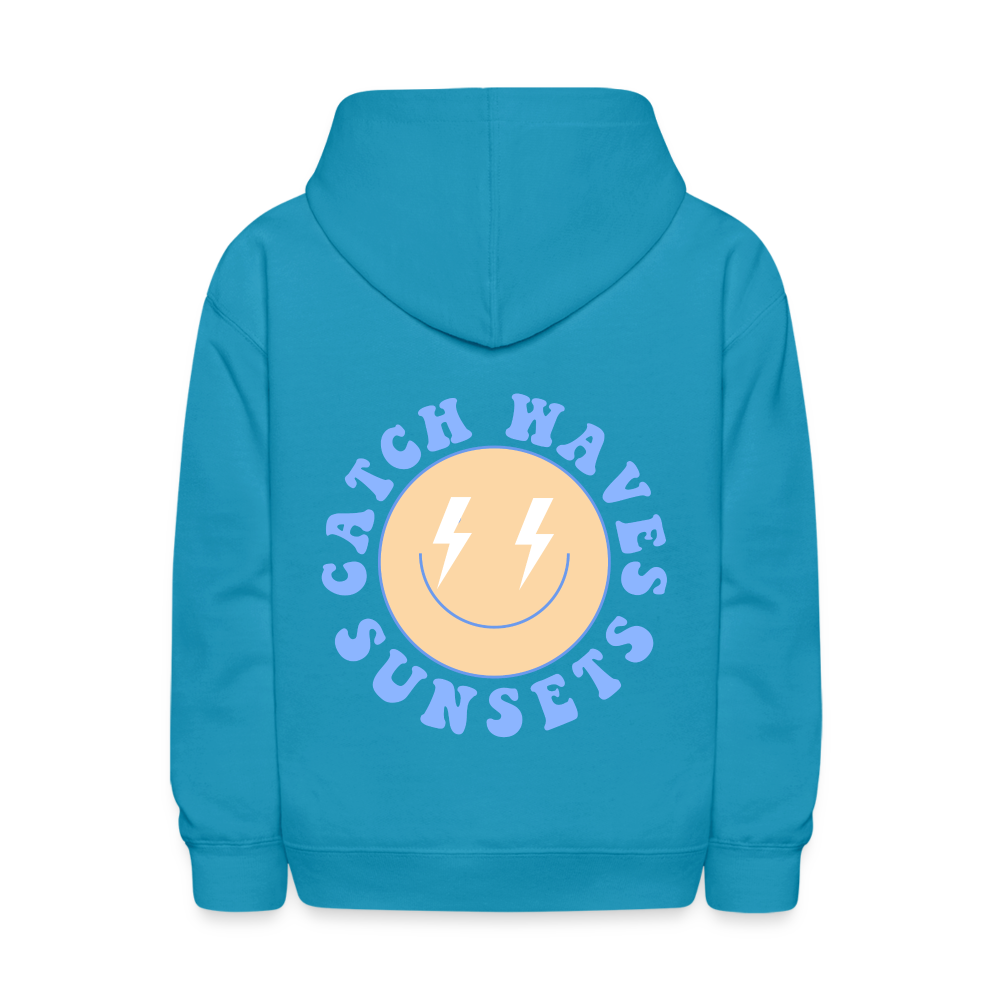 Sunsets Catch Waves Kids Pullover Hoodie Print - turquoise