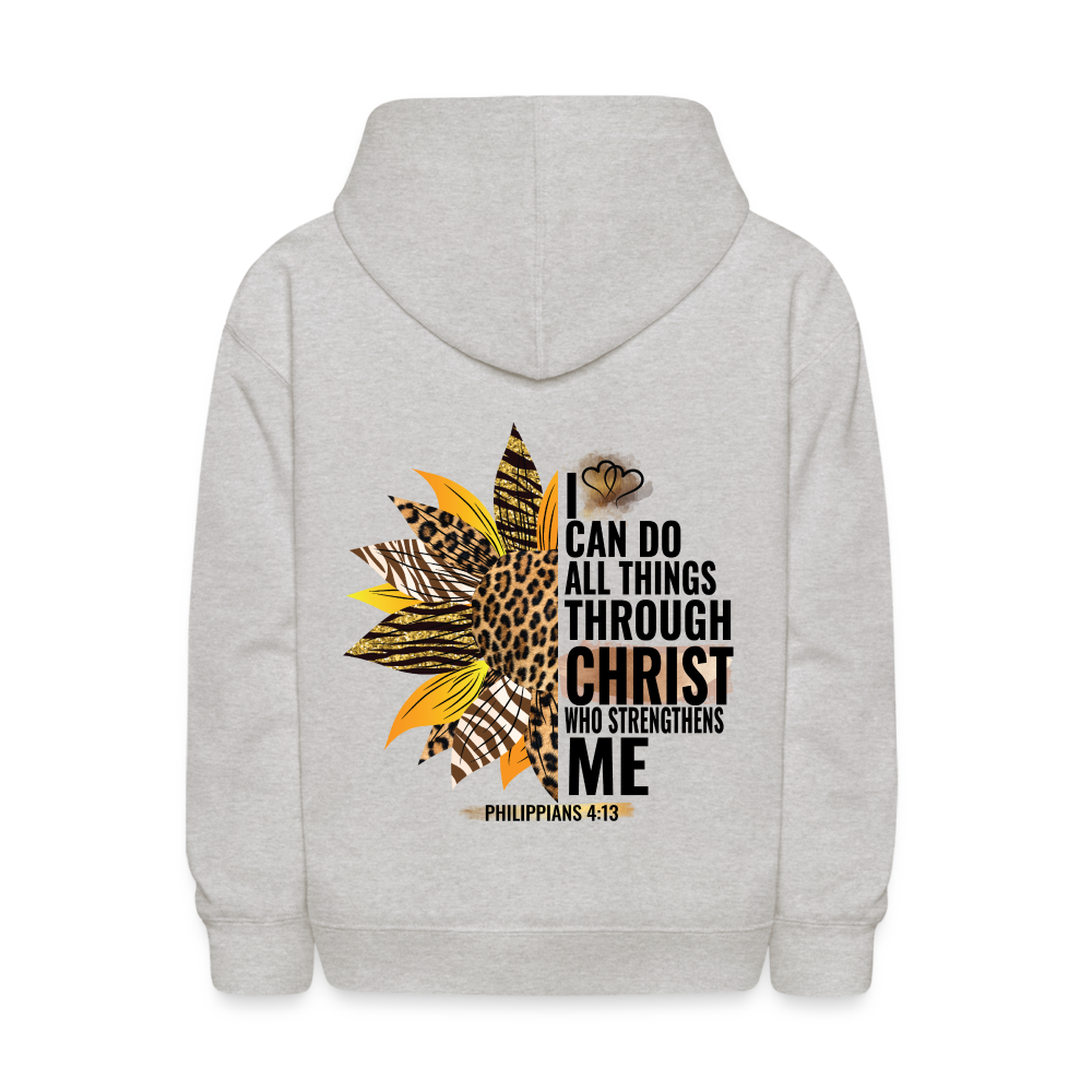 I Can Do All Things Through Christ Sunflower Kids Pullover Hoodie Print - heather gray