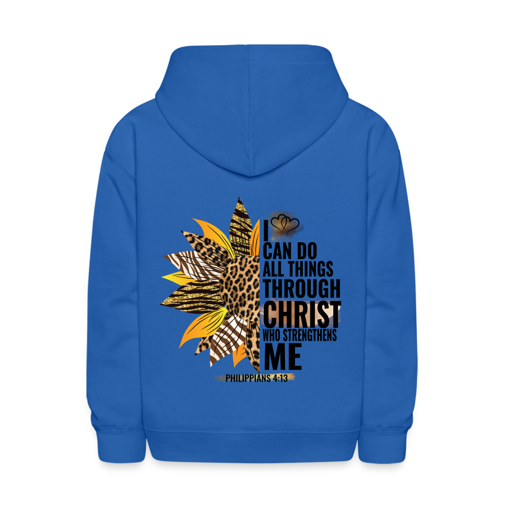 I Can Do All Things Through Christ Sunflower Kids Pullover Hoodie Print - royal blue