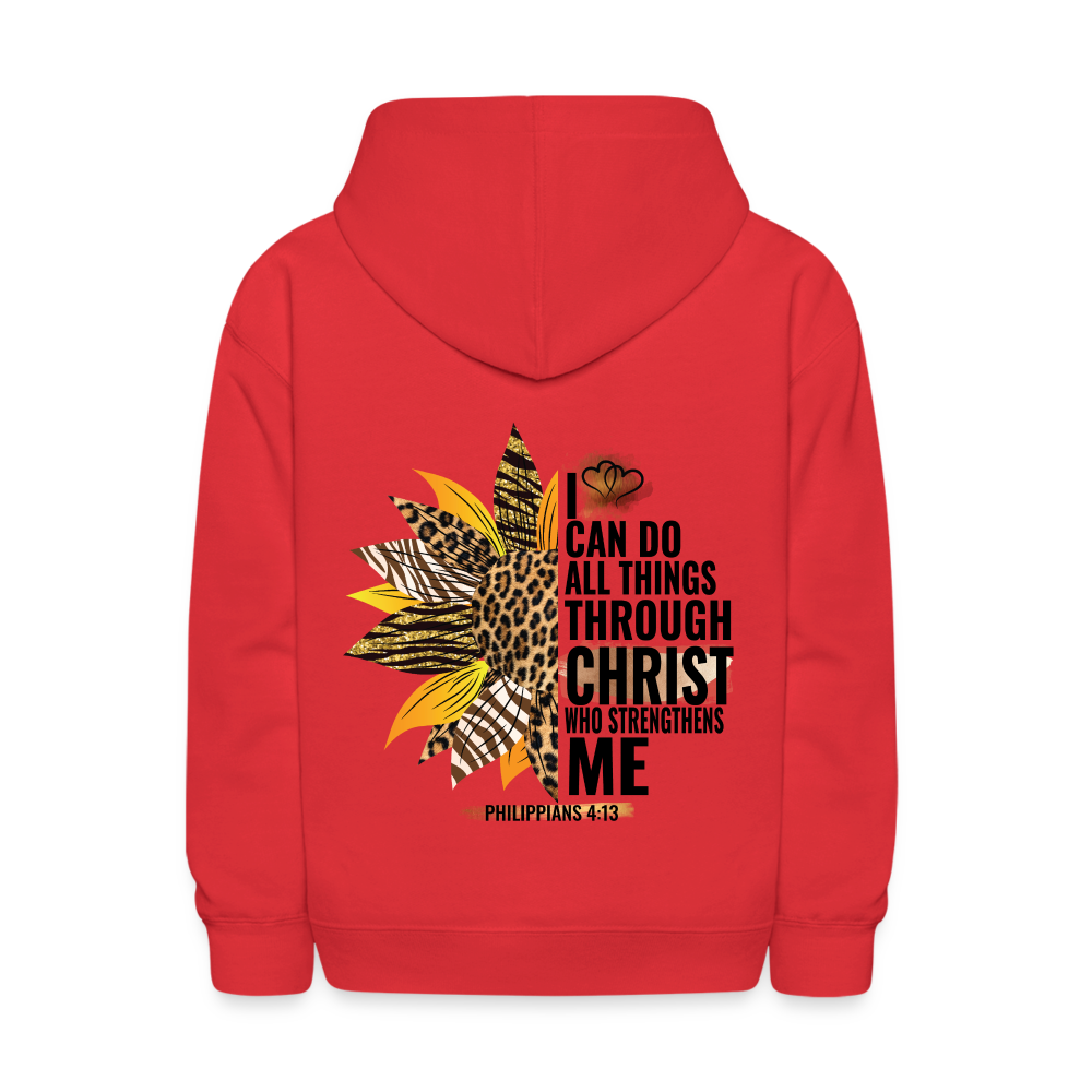 I Can Do All Things Through Christ Sunflower Kids Pullover Hoodie Print - red
