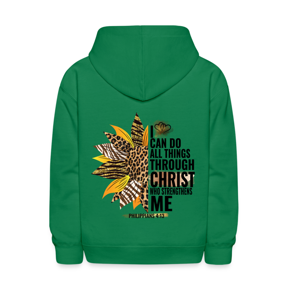 I Can Do All Things Through Christ Sunflower Kids Pullover Hoodie Print - kelly green
